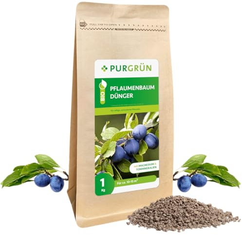 Purgrün® Bio-Pflaumenbaum-Dünger 1 kg – Organisch-mineralische Rezeptur – Feinkörniges Krümelgranulat – NPK 6+3+8 – Mit Magnesium für saftige, aromatische Pflaumen – Verbessert die Bodenqualität