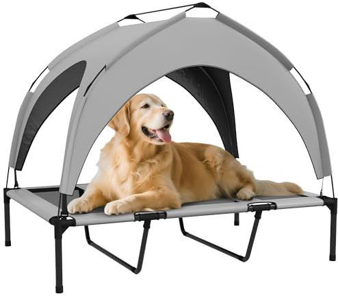 PawHut Lit Chien surélevé, lit de Camp pour Chien, Velum en Taffetas, Tissu textilène Micro-perforé + Sac de Transport Inclus, Facile à Assembler, 106 x 76 x 94 cm, Gris