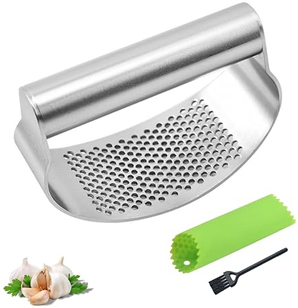 DESIOLE Knoblauchpresse, Knoblauchpresse aus 304 Edelstahl mit praktischem Reinigungsbürstchen und Silikon Knoblauchschäler Set, Garlic Press