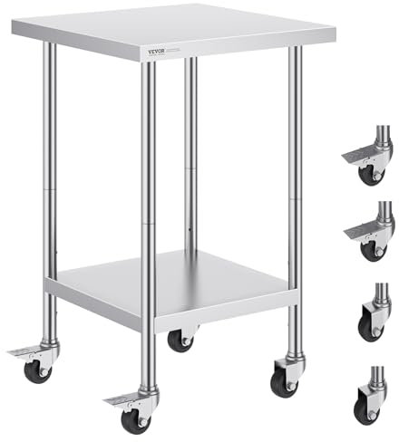 VEVOR Stainless Steel Work Table 24 x 24 x 38 Inch, with 4 Wheels, 3 Adjustable Height Levels, Heavy Duty Food Prep Worktable for Commercial Kitchen Restaurant, Silver