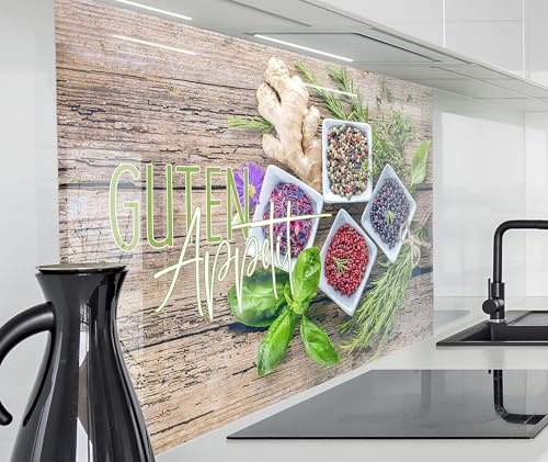 timalo Spritzschutz Wand für Herd, Küche Küchenrückwand Glasoptik | Acryl Glas 2mm | Glasrückwand Acrylglas Wandpaneele Rückwandschutz Platte | 120x60cm Gewürze Guten Appetit Pfeffer