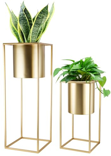 TRIROCKS 2er-Set Moderne Pflanzgefäße mit Ständer für Drinnen und Draußen 70/45 cm Hohe Blumentöpfe für Wohnzimmer Ecke Küche Büro Garten Balkon Terrassendekor (Gold)