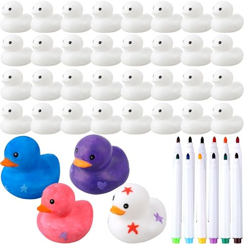 36 Pcs 2 Inch White Blank Rubber Ducks Float Bath Toy Squeaky Duckies with Pens of 12 Colors DIY Ducks bulk for Baby Gifts Birthday Pool Activity Supplies
