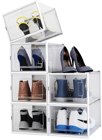 Alex Nash Stackable Shoe Storage Box - Clear Plastic Shoe Boxes with Lid - Foldable Shoe Organiser Containers for Men & Women Shoes, Boots, Trainers - Pack of 6: Medium