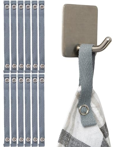 Appendini senza cucitura per tessuti, confezione da 12, occhielli da 150 x 12 mm, in grigio, in cotone, chiusura a scatto, linguette per appendere asciugapiatti, asciugamani da bagno, stoffa, tessuto