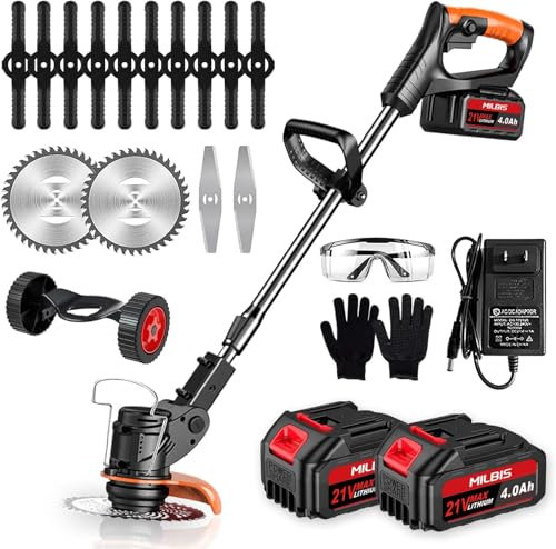 Decespugliatore elettrico senza fili da 21 V, con 2 batterie da 4,0 Ah e lame da 8, manico regolabile, testa girevole a 90° per potatura da giardino