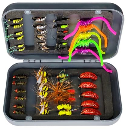 Qitewwrme 24-100 pièces appâts Faits à la Main,artificiels de pêche à la Mouche avec des Mouches sèches/humides appâts La Truite Pêche avec boîte Ensemble (46pièces/Set (10 Styles de mélange))