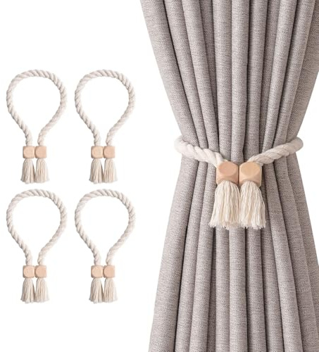 4 Stück Magnetische Vorhang Raffhalter Gardinenhalter Vorhanghalter, Gardinenraffer aus Holz Boho, Baumwolle, handgewebt, Raffhalter, Vorhangbänder für Vorhänge für Home Büro Gardinen Deko