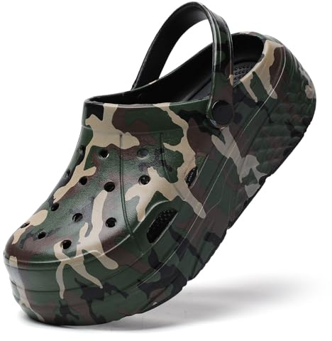 SECHRITE Zoccoli da donna con plateau grafica, scarpe da giardino senza lacci, sandali da spiaggia con soletta rimovibile, Nero mimetico, 39 EU