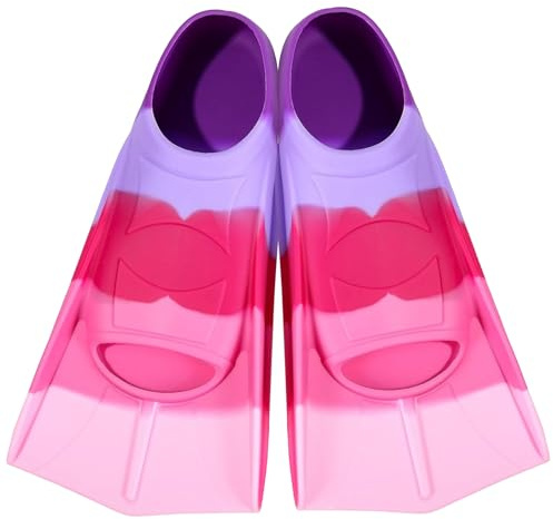 Bcuuozeeing Aletas de natación cortas para niños, 100% silicona, entrenamiento de natación, buceo y snorkel, XXS(27-29) verde azulado/rosa violeta/arco iris