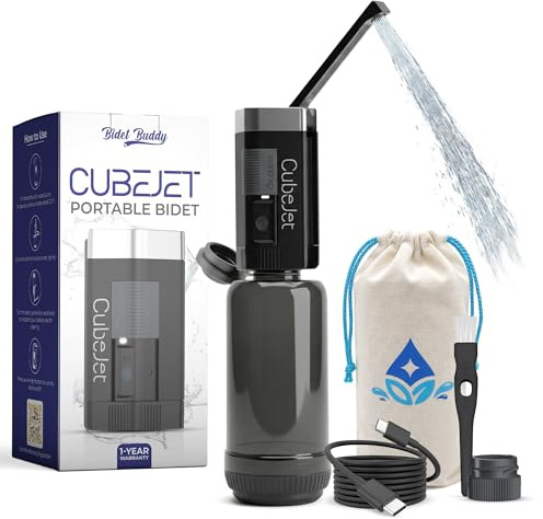 BIDET BUDDY® CubeJet Portable Bidet for Travel - 380ml Bottle, 1100mAh Rechargeable Battery, IPX6 Waterproof Wand-Style Nozzle, USB-C High-Pressure Hygiene Device for Camping & Home