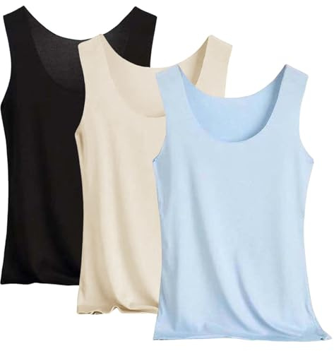 Lot de 3 débardeurs basiques pour femme - Sans manches - Sans coutures - En soie rafraîchissante - Léger - Col rond - Couleur unie - Grandes tailles - Haut à bretelles - T-shirt d'été