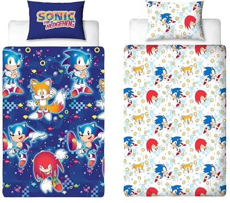 Set copripiumino singolo ufficiale di Sonic the Hedgehog | Design liquido reversibile a 2 lati con federa coordinata | Set letto singolo per gaming blu con Tails e Knuckles