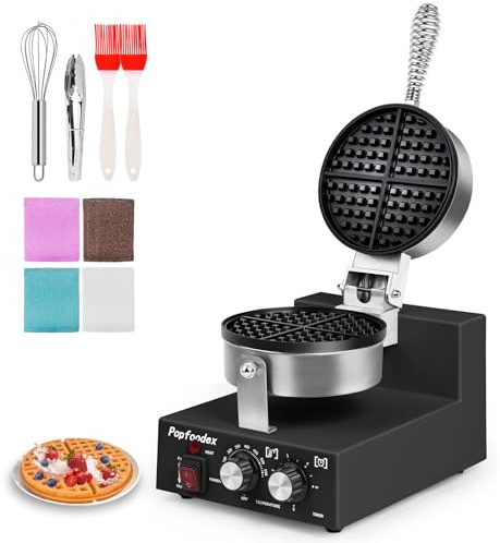 Popfoodex Commercial Waffle Maker for Restaurant, 110V Electric Waffle Maker w/Non-stick and 122–572°F Adjustable Temp, 1200W Profession Waffle Iron with Timer and Heavy Duty, Hotel Waffle Machine