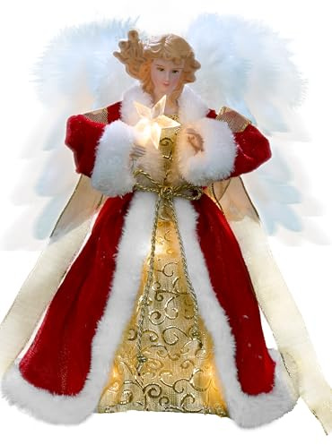 Cyraft Christbaumspitze Engel mit automatisch schlagenden Flügeln – Weihnachtsbaumspitze beleuchtet in Rot, 30 cm, mit Hellen LEDs & separat steuerbaren Flügeln, 6 Std. EIN / 18 Std. Aus Zykl