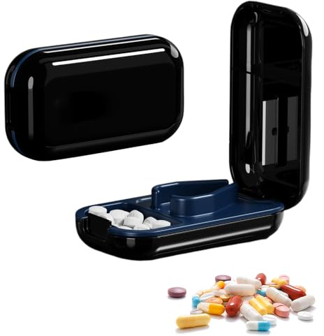Tablettenteiler, 2025 Neu Tragbarer Tablettenteiler für Kleine Tabletten, Tablettenschneider Und Pillenteiler Pill Cutter mit Aufbewahrungsfach für Reise Und Täglichen Gebrauch (Schwarz)