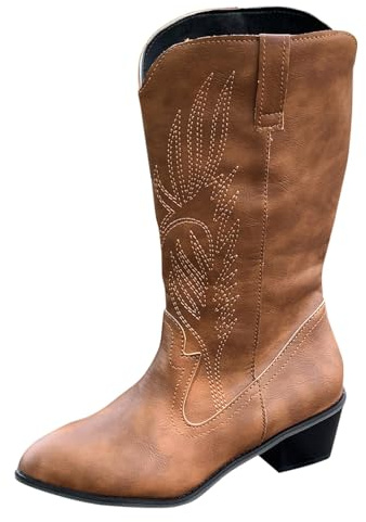 Cowboy stövlar för kvinnor, breda vadblock klackstövlar mitten av vaden västerländsk ridstövel broderi spetsig tå sko PU läder dra på bröllopsskor sydd bekväm utomhus cowgirl ankelstövel