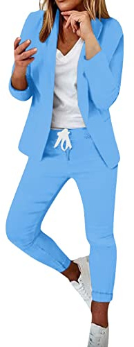 Träningsoveraller för kvinnor, uppklädda kläder för kvinnor 2-delat set – enfärgad blazer passar mode affärer kontor arbete kostymer elegant bröllopsfest Co Ord set vår och höst träningsoverall, BLÅ