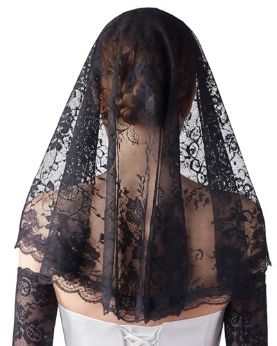 MANJIAMEI Mantilla-Schleier mit floraler Spitze, katholischer Kirchenschleier, Kapelle, kurzer Kopf, für Masse, Hochzeit, Party, Heilige Kommunion, religiöse Zeremonie, Kopfbedeckung