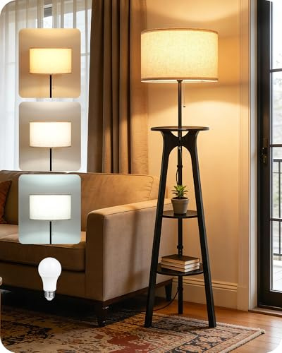 GOEBLESON Wooden Floor Lamp with Shelves, Tripod Floor Lamp for Living Room | Standing Lamp for Bedroom, Corner Floor Lamp with Linen Lampshade, Black Floor Lamp with Storage Shelf, for Study, Office