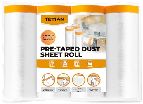 4 Rolls 2.4x20M Plastic Dust Sheet for Decorating Pre-Taped Masking Film Tape and Drape Self-Adhesive Painting Drop Film for Auto Wall Furniture Painting and Spraying Protection