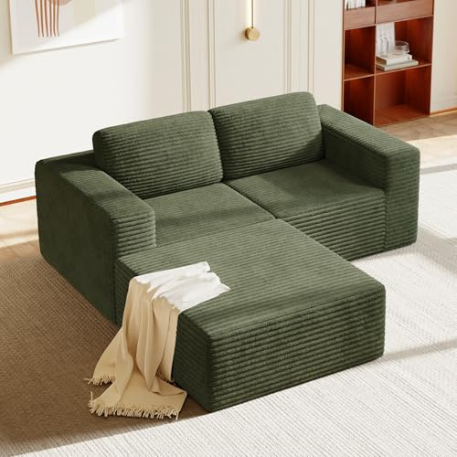 Vesgantti Modulares Cord-Ecksofa in Grün, 202 cm L-Form mit beweglicher Ottomane, Federkern und extra tiefer Sitzfläche, Flexibles Design für kleine Räume, Rutschfester Boden, kein Aufbau nötig