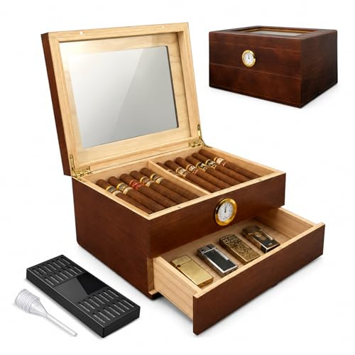 Shulltji Zigarren Humidore, Doppelschichtig Spanische Zeder Hölzerne Zigarrenbox mit Humidor Befeuchter, Hygrometer, Teiler, Männer Geschenk Zigarren Zubehör(30-40 Zigarren)
