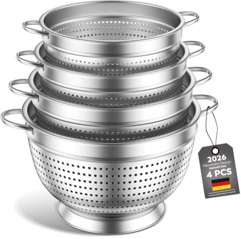 Sil set om 3 silar rostfritt stål kökssil nudelsil, 20/24/26 cm metallkökssil med handtag – finmaskig sil för tvätt av nudlar, grönsaker, frukt och ris (4)