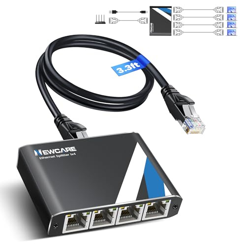 LAN Splitter 1 auf 4 with 3.3FT Ethernet Kable, 1000Mbps RJ45 LAN Verteiler Aluminiumgehäuse, Ethernet Splitter 4Port for Cat5e/6/7/8, Support 2 Devices Simultaneously, Plug & Play