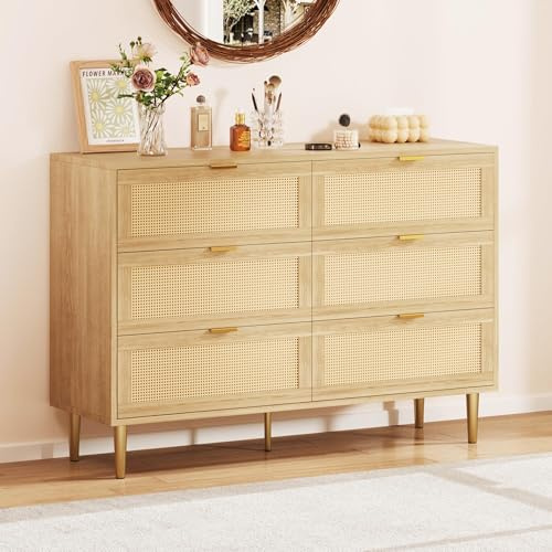 Garvee Viel Stauraum & Boho-Design – Rattan-Kommode mit 6 Schubladen – Breite Holzkommode, Moderne goldene Metallbeine, ideal für Schlafzimmer, Wohnzimmer, Flur – Naturholz – Farbe: Wood Color