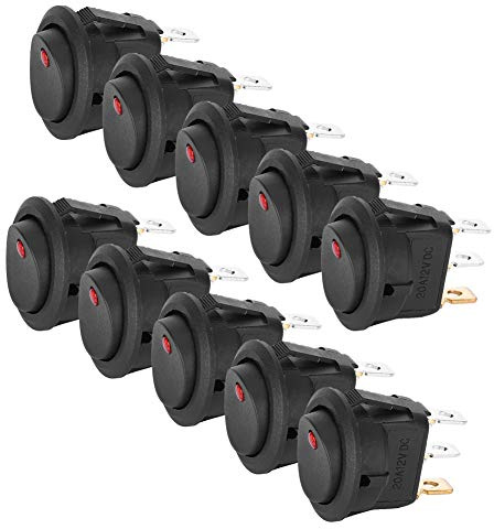 Horett Interrupteur à Bascule Rond SPST Interrupteur Unipolaire Unidirectionnel Marche/arrêt 3 Broches DC 12 V 20 A Lumière Rouge Borne Argentée étanche