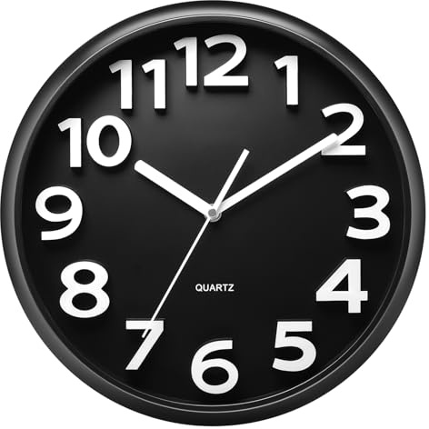Plumeet 13'' Wall Clock, Large Battery Operated Wall Clocks Silent Non-Ticking Quartz, Modern Style Suitable for Bedroom Living Room Office Decor - 3D Numbers Display Easy to Read, Black