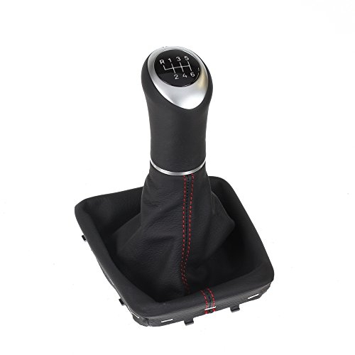 ICT Schaltknauf rot beleuchtet Schaltsack Schaltmanschette schwarz, Echtleder, Naht rot, 6 gang, kompatibel mit: VW Passat / R36 / TDI/TFSI/TSI 3C / B6 2005 – 2012, Passat CC 2008-2012