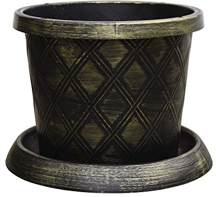 Outdoor Large Garden Patio Container & Saucer Stunning black and gold lattice effect Ideal for planting flower plugs shrub and vegetables 1 x 39cm Pot and Saucer by Thompson and Morgan