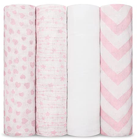 Comfy Cubs Mullwindeln, 4er-Pack – 119 x 119 cm, weiches Baumwoll-Babydecken-Set, große Pucktücher für Neugeborene – beruhigende Babydecke – Rosa