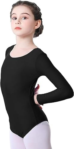 Langärmeliger Gymnastikanzug für Mädchen, glänzend, für Schule, Sport, Tanz, Turnanzug, glitzernd, athletischer Tanz-Body, Kleinkinder, Gymnastikanzug, Ballett, Schwarz , 7-8 Jahre