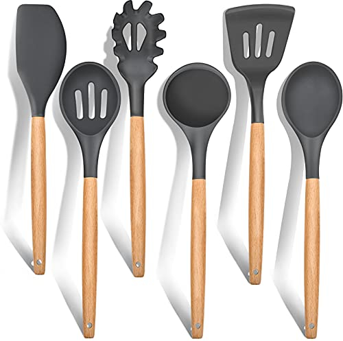 E-far Lot de 6 ustensiles de cuisine en silicone avec poignée en bois, antiadhésifs, résistants à la chaleur, avec spatule/louche/spatule ajourée/cuillère de service/cuillère à spaghetti (gris)