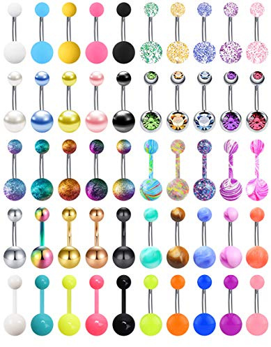 EVELICAL 50Pcs 14G Stainless Steel Belly Button Rings for Women Acrylic Screw Navel Bars Body Piercing Jewelry Set