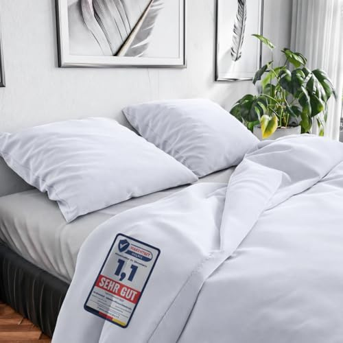 Wolkenfeld Bettwäsche 135x200 Baumwolle Reforcè Oeko-TEX – Bettwäsche-Sets Mit 2 Bettbezug & 2 Kissenbezug 80x80 – Atmungsaktiv & Pflegeleicht – Bettwäsche Mit Reißverschluss – Weiß