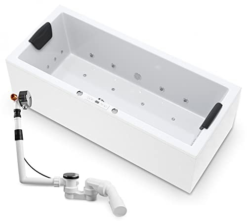 AQUADE Whirlpool Badewanne Wolfsburg Lux XL 170x75 cm mit LED Whirlpool Beleuchtung, Badewannen Ablaufgarnitur und Überlaufgarnitur mit Zulauf & Badekissen für Badewanne Whirlpool