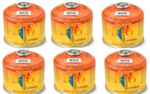 SMH LINE® 6x 230g Butan Schraubkartusche Universalgewinde 7/16 Gaskartuschen Ventilkartusche EN 417 Gewinde Ventil Bunsenbrenner Propan Mix Campingkocher Gaskocher Gasheizung Lötbrenner
