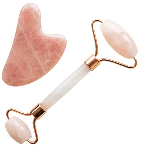 Gesichtsroller und Gua Sha Stein Massage Set in 2 Varianten - beruhigt und entspannt die Haut - Rollmassierer, Augenmassierer (Rosenquarz)