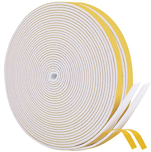 KAPOOSY Weather Stripping Door Seal, 1/4 Inch W X 1/16 Inch T Adhesive Foam Tape, Window Door Draught Excluder Air Conditioner Gasket Foam Tape, Total Length 32 Feet (16ft x 2 Rolls)