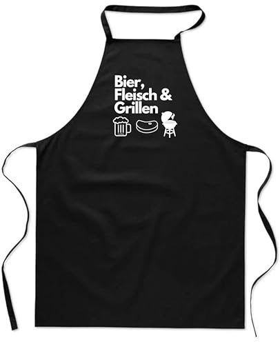 FremiBag Grillschürze für Männer mit den Bier, Fleisch & Grillen - Baumwollschürze - Kochschürze als Geschenk für Männer zum Grillen - Barbecue BBQ Fleisch Sommer schwarz Unisize
