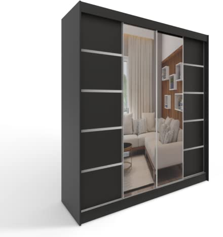 ML Furniture C5 Schiebetüren Kleiderschrank 150 x 200 x 58 cm mit Spiegel - Schlafzimmermöbel, Aufbewahrung - Mehrzweckschrank - Farbe: Schwarz - 2 Schiebetüren