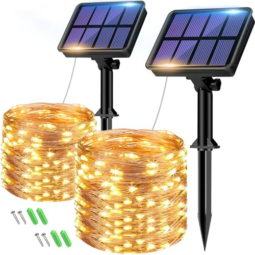 btfarm 2 Pack Solar String Lights Outdoor Garden Waterproof, Total 16M/53FT 160 LED Solar Powered Fairy Lights, 8 Modes Copper Wire Lights for Patio Yard Party Christmas