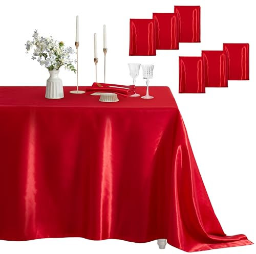 Counfeisly Rechteckige Tischdecke, schmutzabweisend, knitterfrei, seidig, weich, Satin-Esstischdecken für Esszimmer, Innen- und Außenbereich, 152,4 x 253,9 cm, Rot, 6 Stück