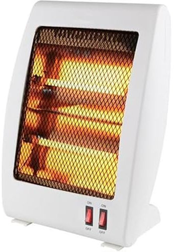 Weißer Ofen mit 2 Quarzstäben, Kippschutzsystem und Leistungsstufen von 400-800 W. Ideal zum effizienten und sicheren Beheizen von Räumen.