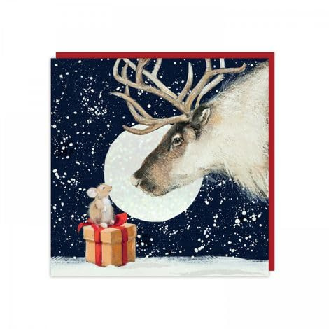 Art Beat Weihnachtskarten, Rentier mit Maus auf einem verpackten Geschenk mit Flitter-Finish, umweltfreundlich und recycelbar, 6 Stück