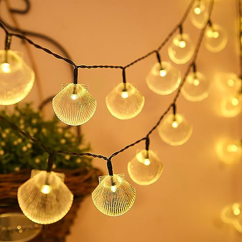 DINOWIN Solar Lichterkette Muscheln 13FT 20LED Wasserdicht 8 Modi Muschelkette Schale Lichterkette Deko für Strand Badezimmer Halloween Hochzeit Deko (Warmweiß)